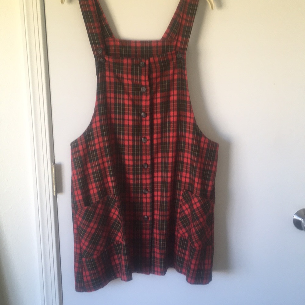 Plaid long tunic button top overall tunic pinafore